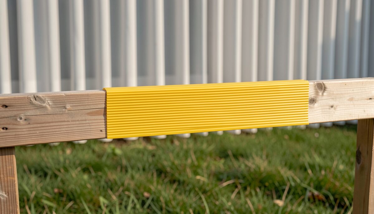 A blank yellow corrugated plastic strip clipped to a bare wooden rail on a lawn, unprinted side facing out, house curtains closed