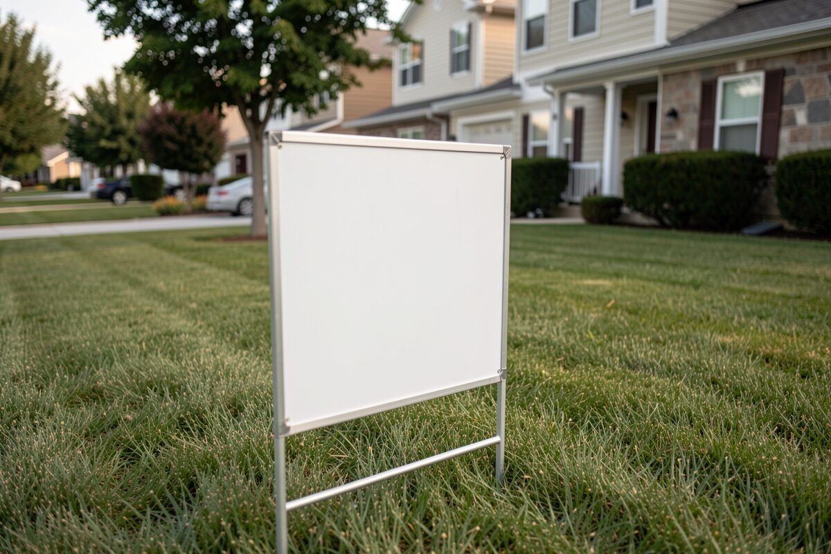 The wider scene around the sign: The sign's only public correction, read from the curb.