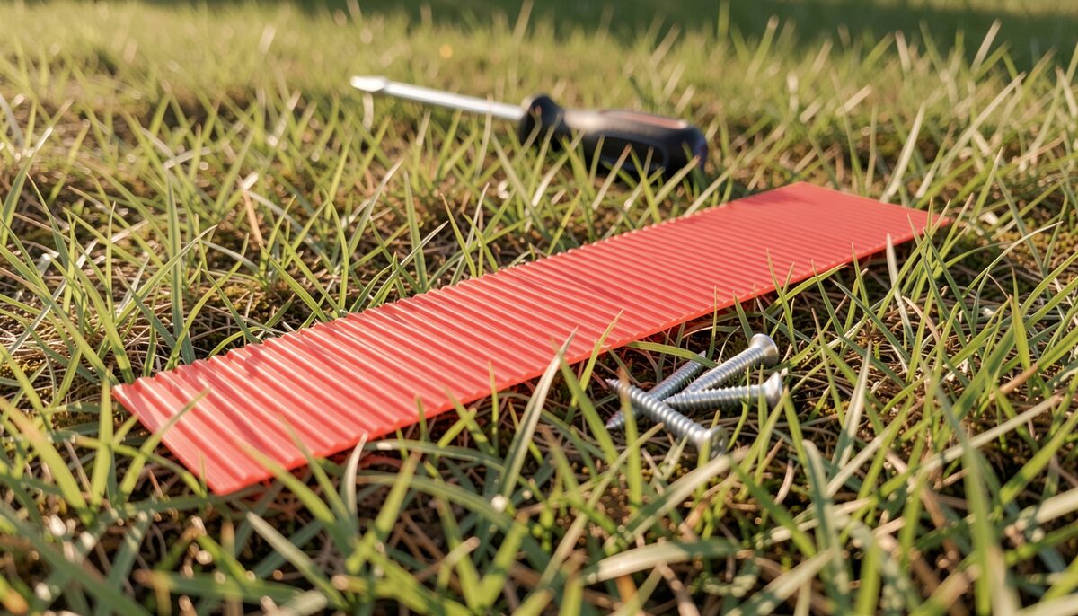 A red corrugated plastic strip lying flat on grass beside a screwdriver and two screws, unprinted side up
