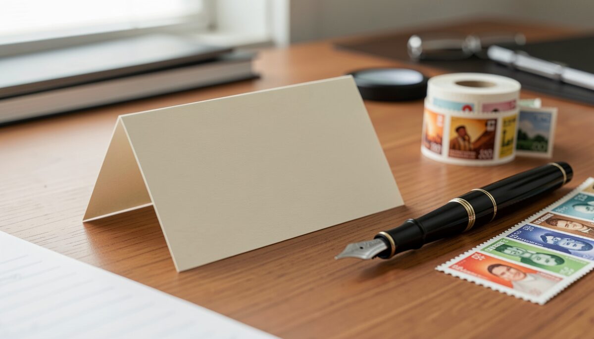 A blank cream note card face-down on a writing desk beside a fountain pen and a roll of postage stamps