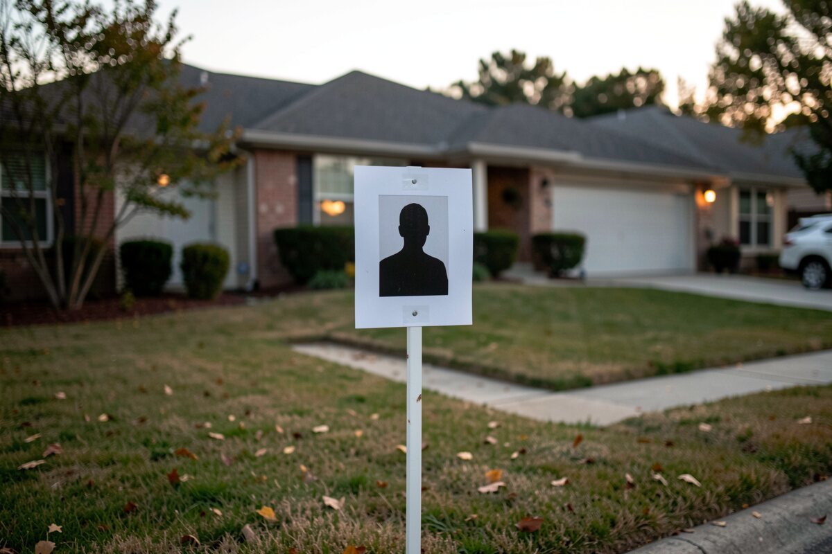 The wider scene around the sign: Why the agent's face is printed on the sign at all.
