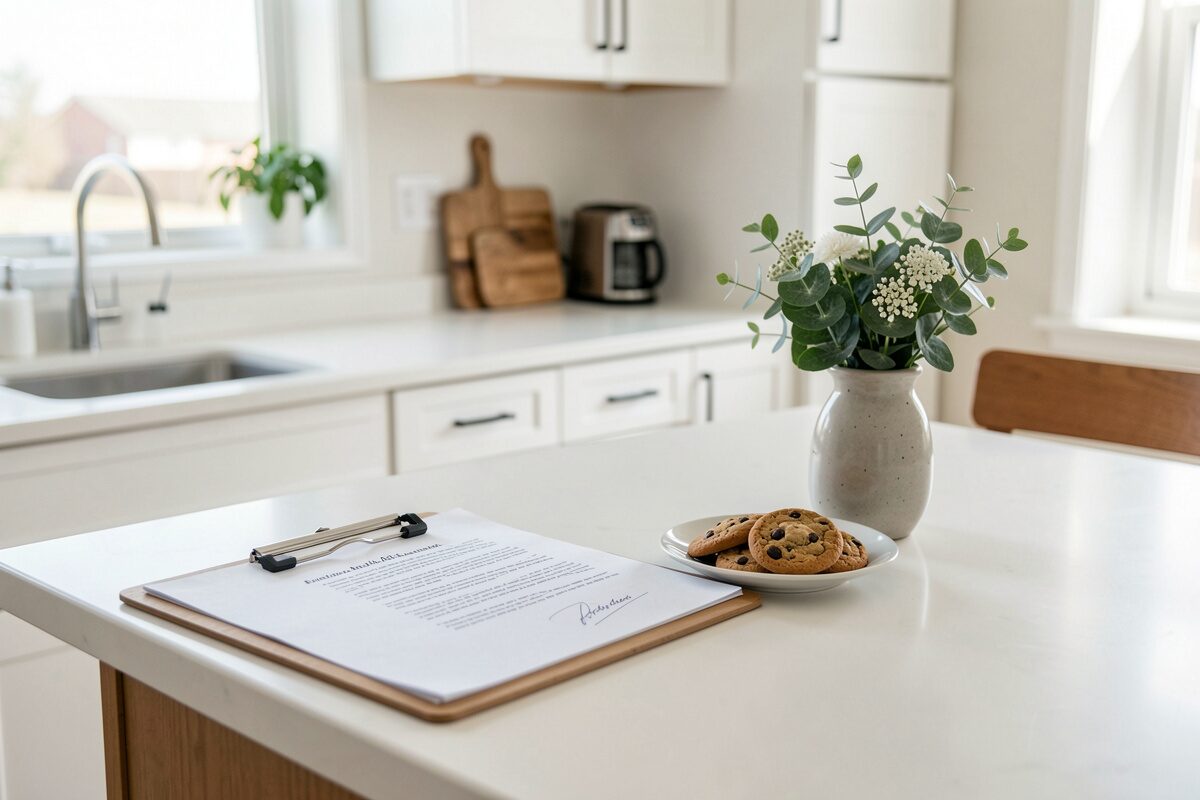 The wider scene around the sign: The clipboard on the counter and what it collects.