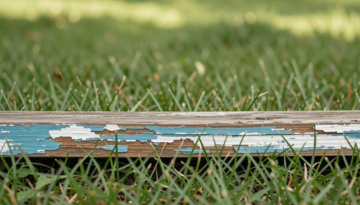 The bottom edge of a weathered painted board on a lawn seen from its unprinted back, chipped paint layers and grass blades