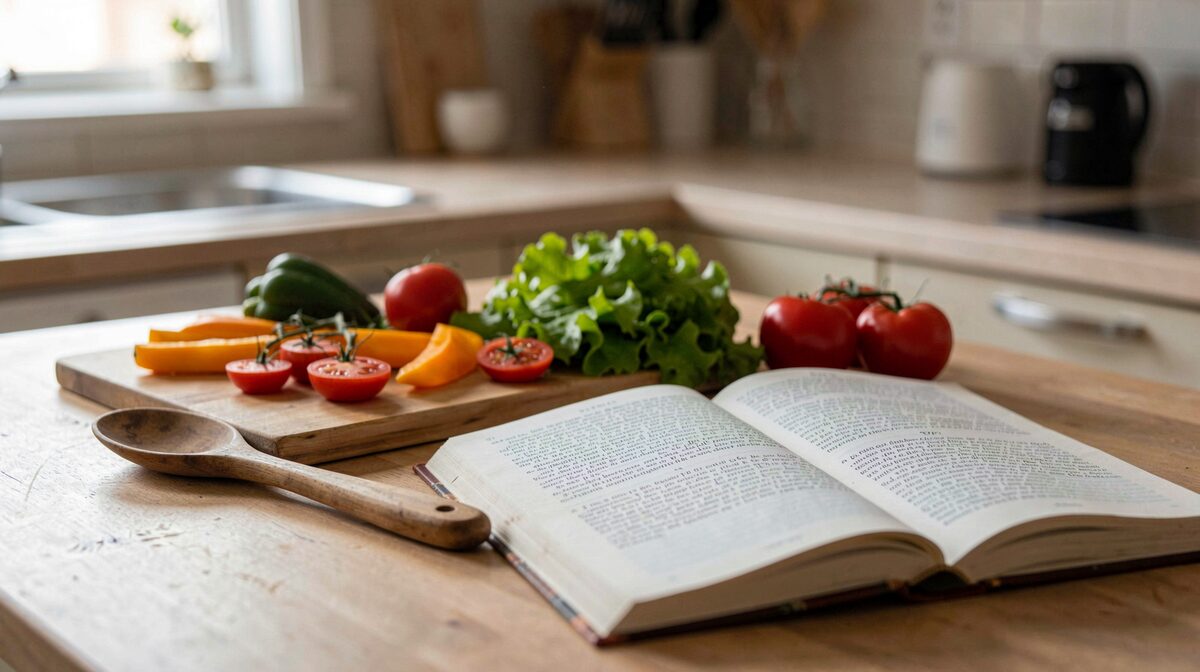 A home kitchen counter in morning light, with a wooden spoon, an open Spanish-language cookbook, and seasonal vegetables arranged on a cutting board, shot close up.