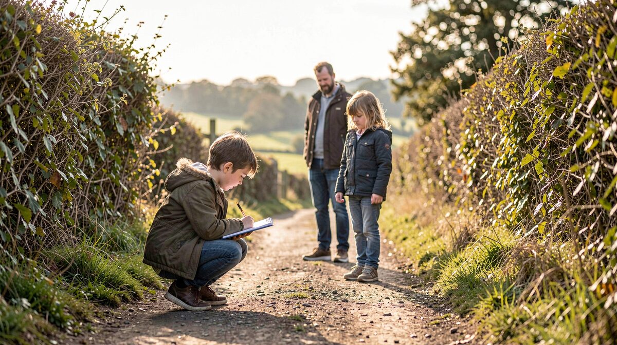 A family on a footpath in the English countryside, one child crouched with a small notebook, late afternoon light, wide framing with a hedgerow on one side.