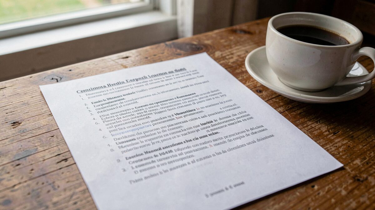 A printed guide page in Spanish lying on a wooden desk beside a coffee cup, morning light from a window, close framing on the page.