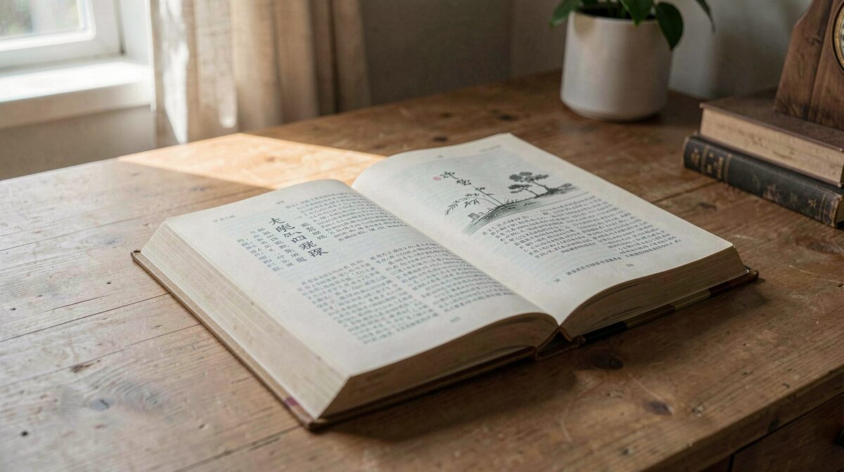 A quiet reading desk with an open Italian book on Japanese spiritual history, soft morning window light, neutral tones, close framing.