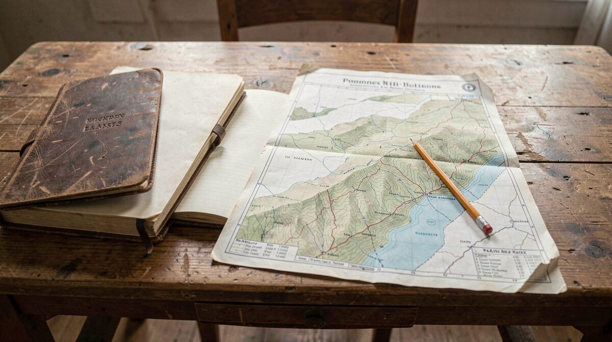 A farm office table in soft morning light, an open notebook beside a folded topographic map of hill blocks, pencil resting on a weathered ledger, shot from directly above.
