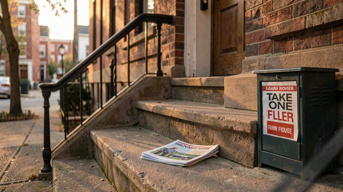 A rowhouse stoop in a Philadelphia neighborhood at late afternoon, a folded neighborhood guide and a take one flyer box on the step, warm sidelight, straight on eye level framing.