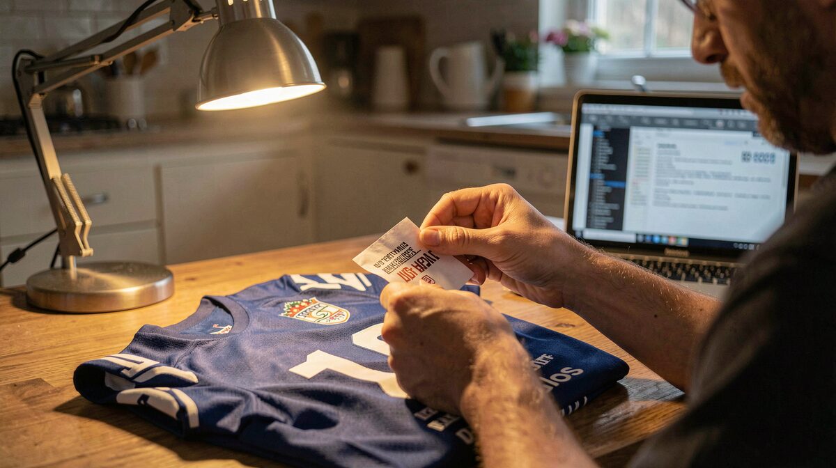A football fan reading a folded jersey label under a desk lamp at a kitchen table, with a laptop open beside the jersey, framed close on the hands and fabric in warm evening light.