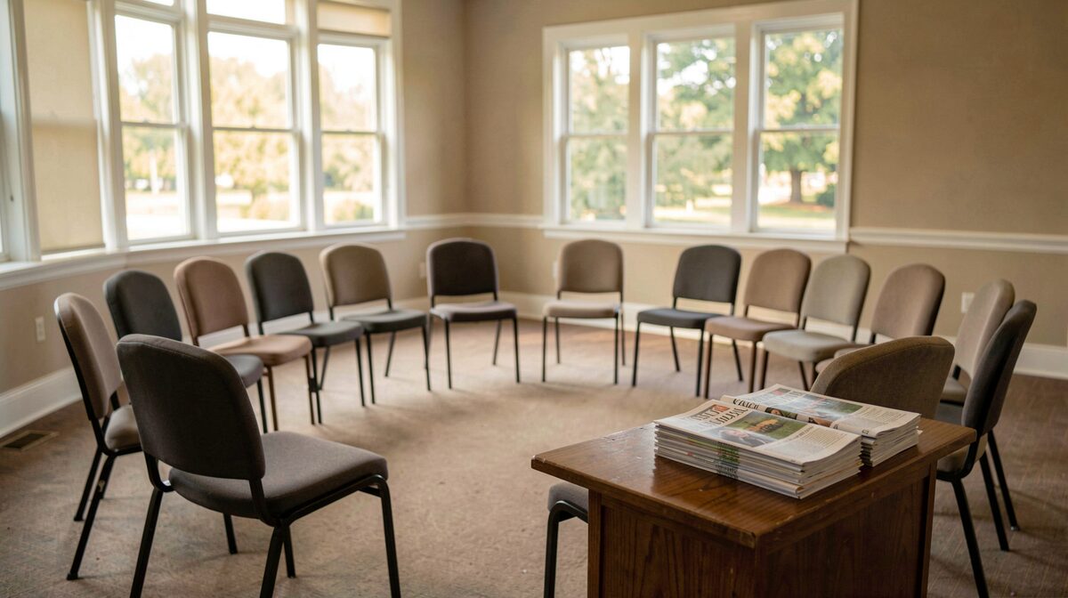 A community meeting room in Niagara with chairs arranged in a circle, printed newsletters stacked on a side table, soft afternoon light through large windows, wide shot.
