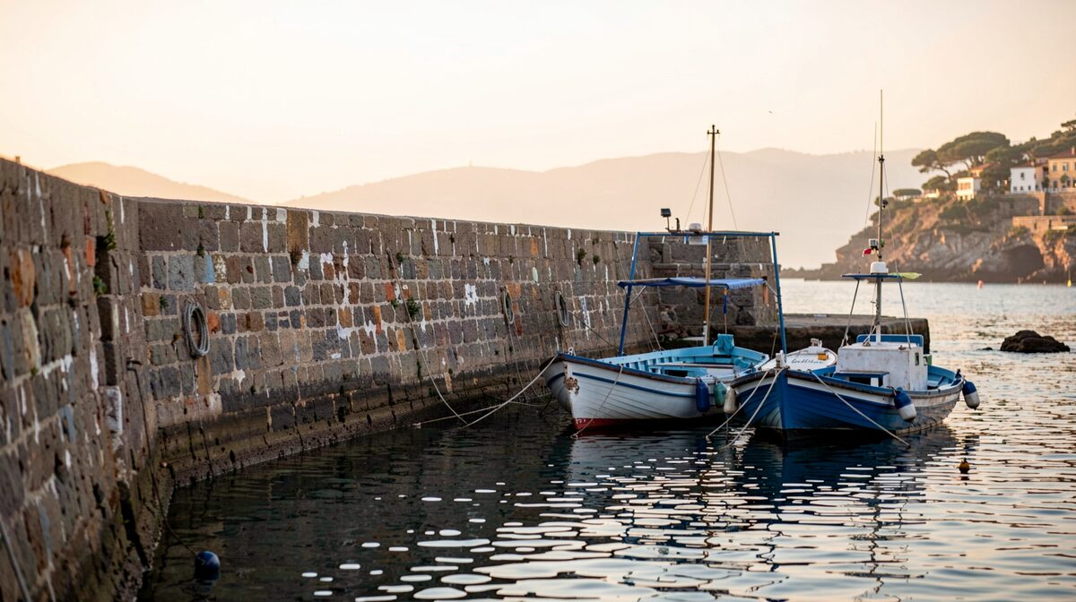 A weathered stone harbor wall on an Italian coast at early morning, with small fishing boats moored in calm water, shot in soft golden light from a low angle.