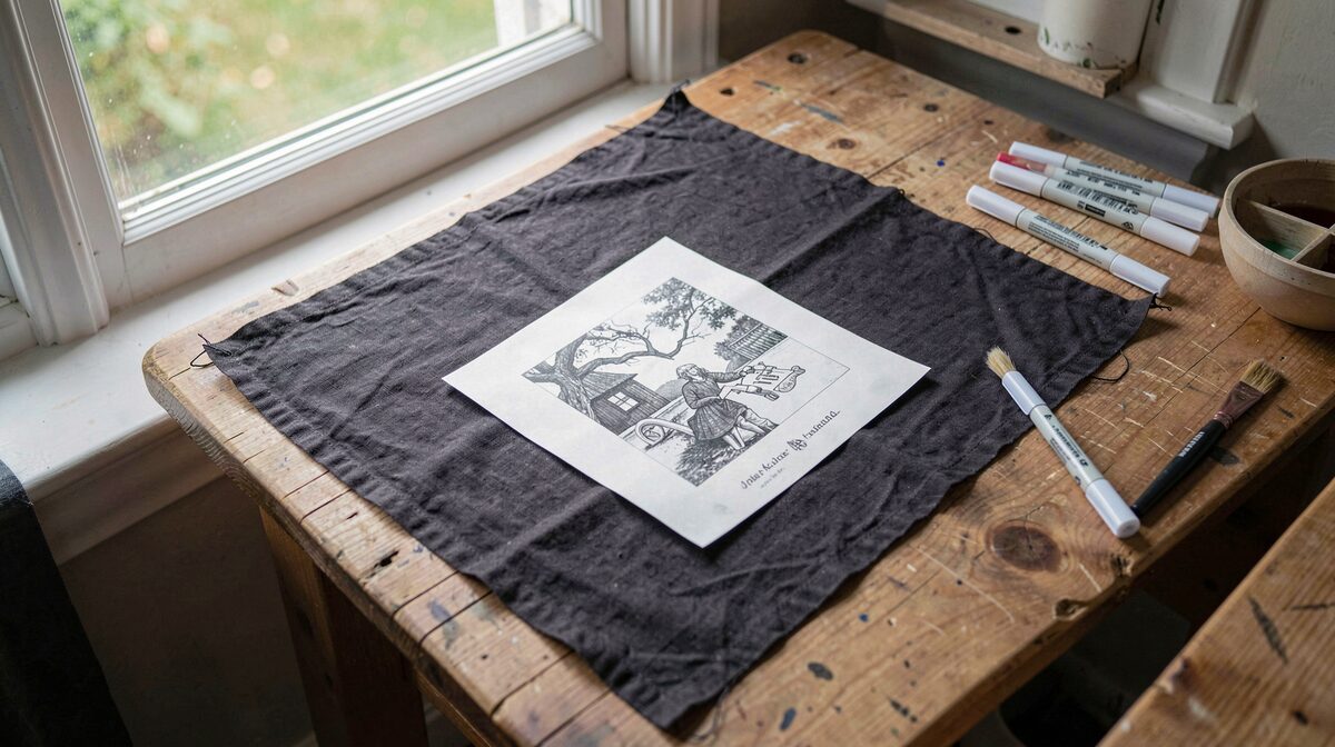 A craft table by a north-facing window with a stretched square of dark linen, a printed design pinned at one corner, fabric markers and a brush laid beside it, seen in a tight overhead framing with soft daylight.
